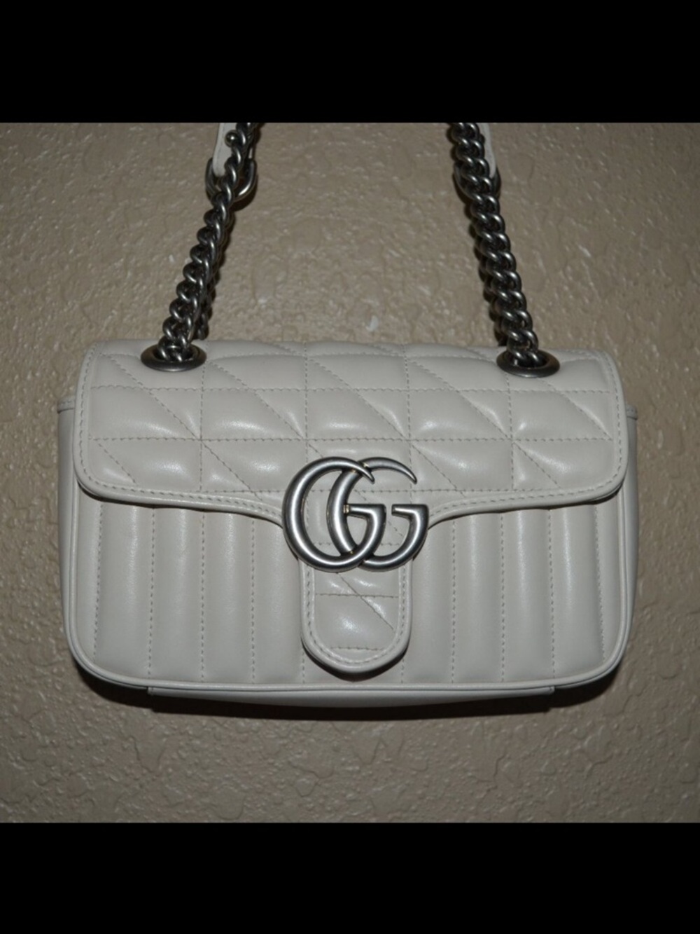 New Gucci GG Ivory Marmont Chevron Matelasse Silver Chain Shoulder Bag